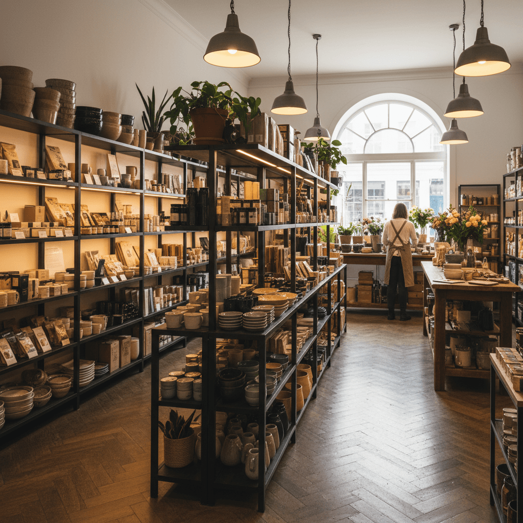 Interior of a neat independent retail store with stocked shelves